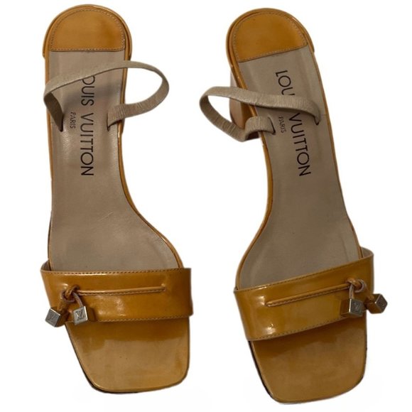 Louis Vuitton Gold Block Heel Sandals Metal LV Logo Charms Size 36.65 (US 6) - Picture 3 of 16